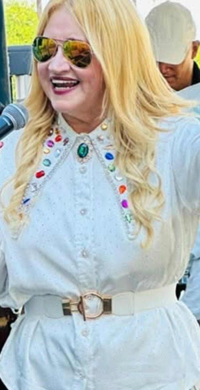 Dramatic Long collar Beaded Crystals White Blouse - Bella Boutique & Bellasbylola.com