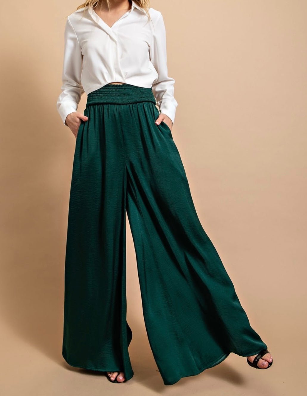 Elastic Waist Emerald Wide Leg Pants - Bella Boutique & Bellasbylola.com