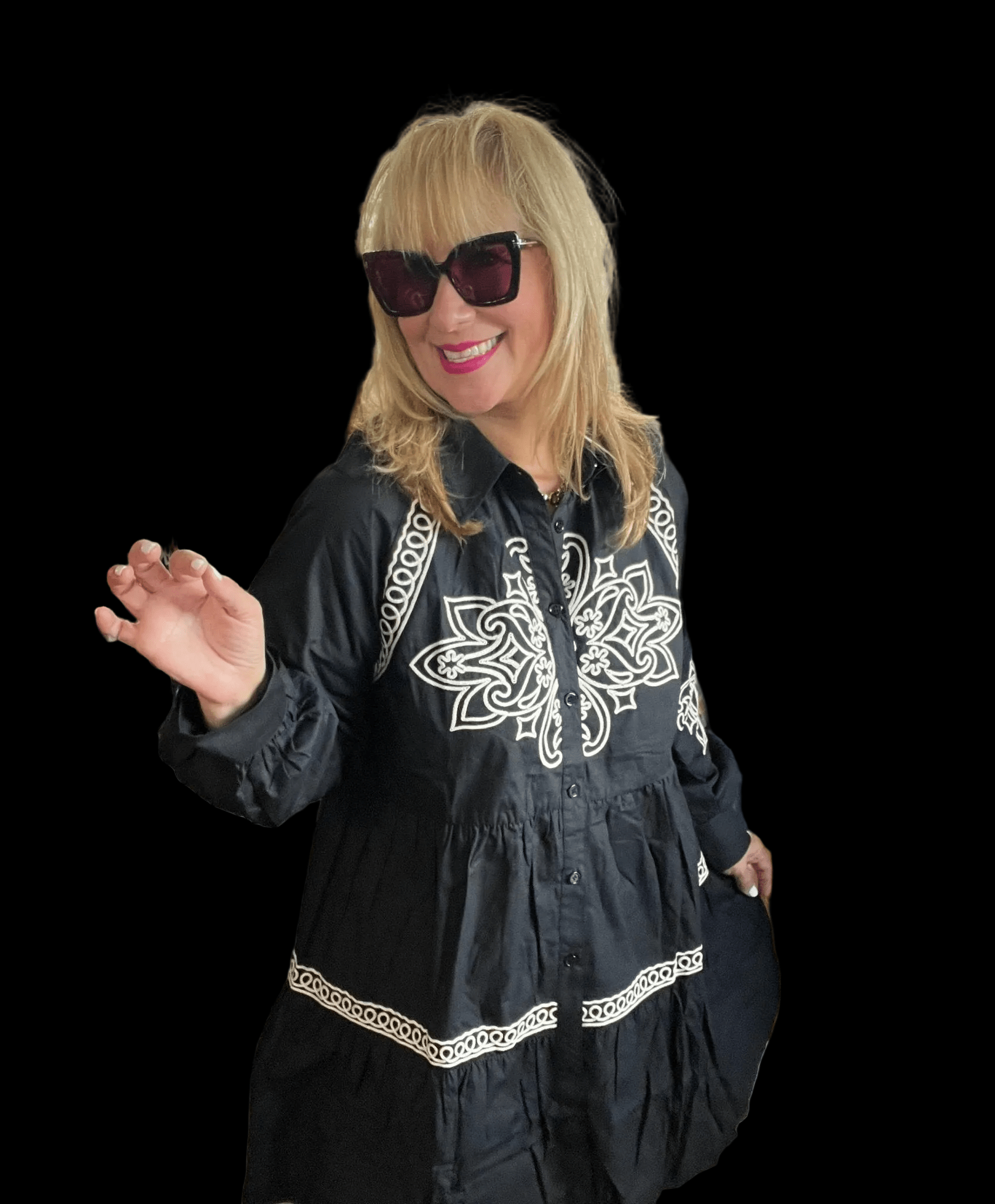 Elegant Embroidered Button - Down Mini Dress with Puff Sleeves - Bella & Bellasbylola.com