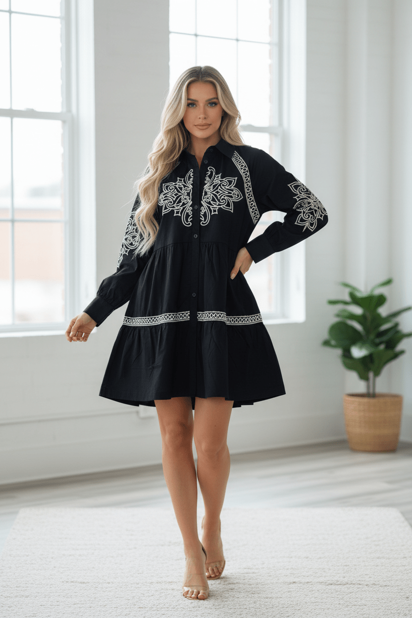 Elegant Embroidered Button - Down Mini Dress with Puff Sleeves - Bella & Bellasbylola.com