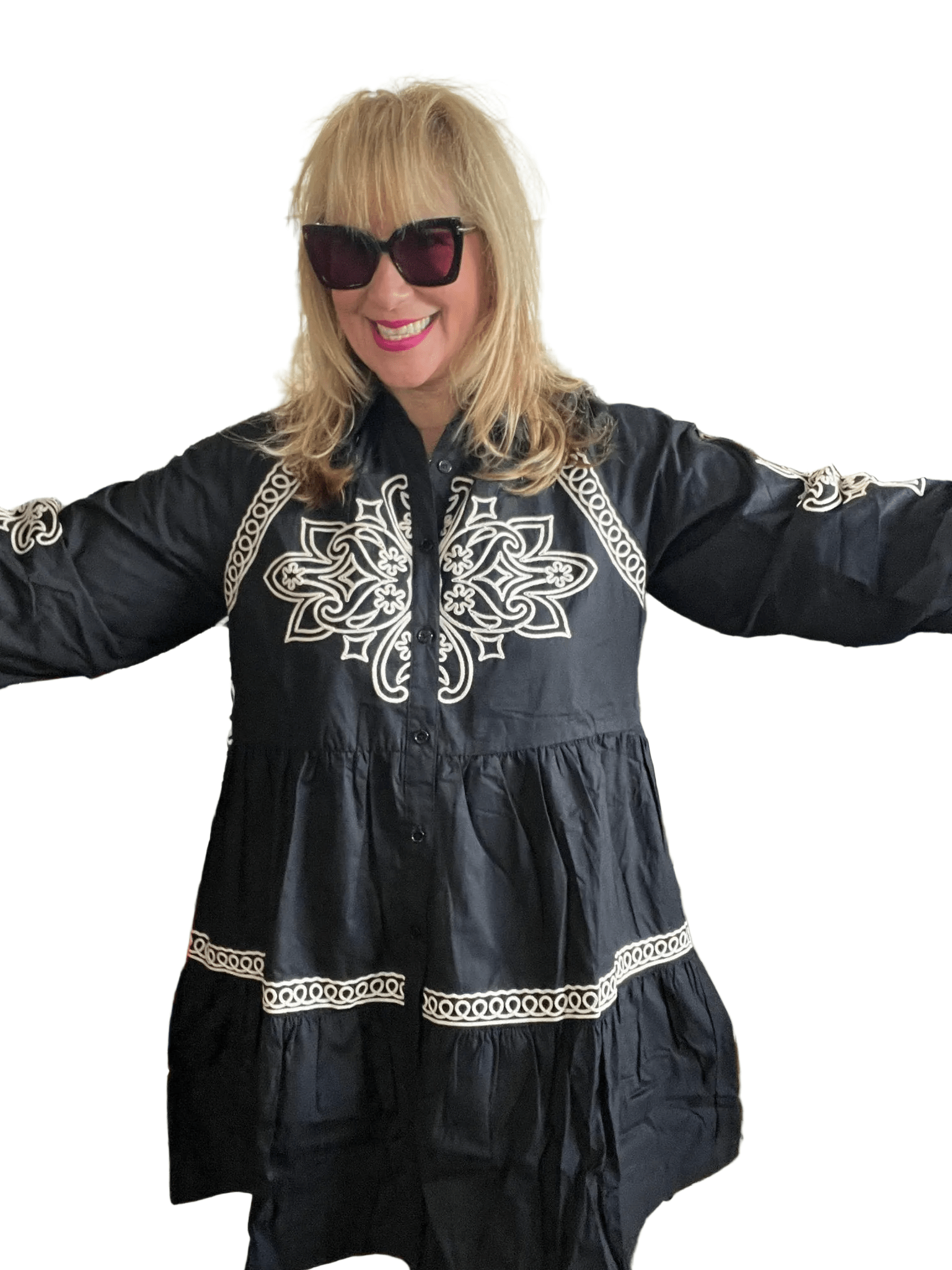 Elegant Embroidered Button - Down Mini Dress with Puff Sleeves - Bella & Bellasbylola.com