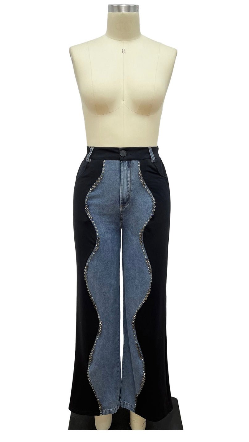 Embellished Contrast Denim Pants - Bella Boutique & Bellasbylola.com