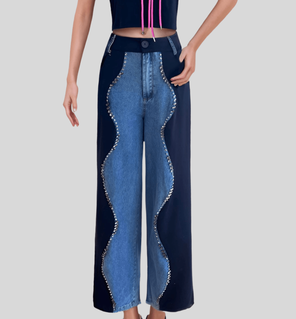 Embellished Contrast Denim Pants - Bella Boutique & Bellasbylola.com