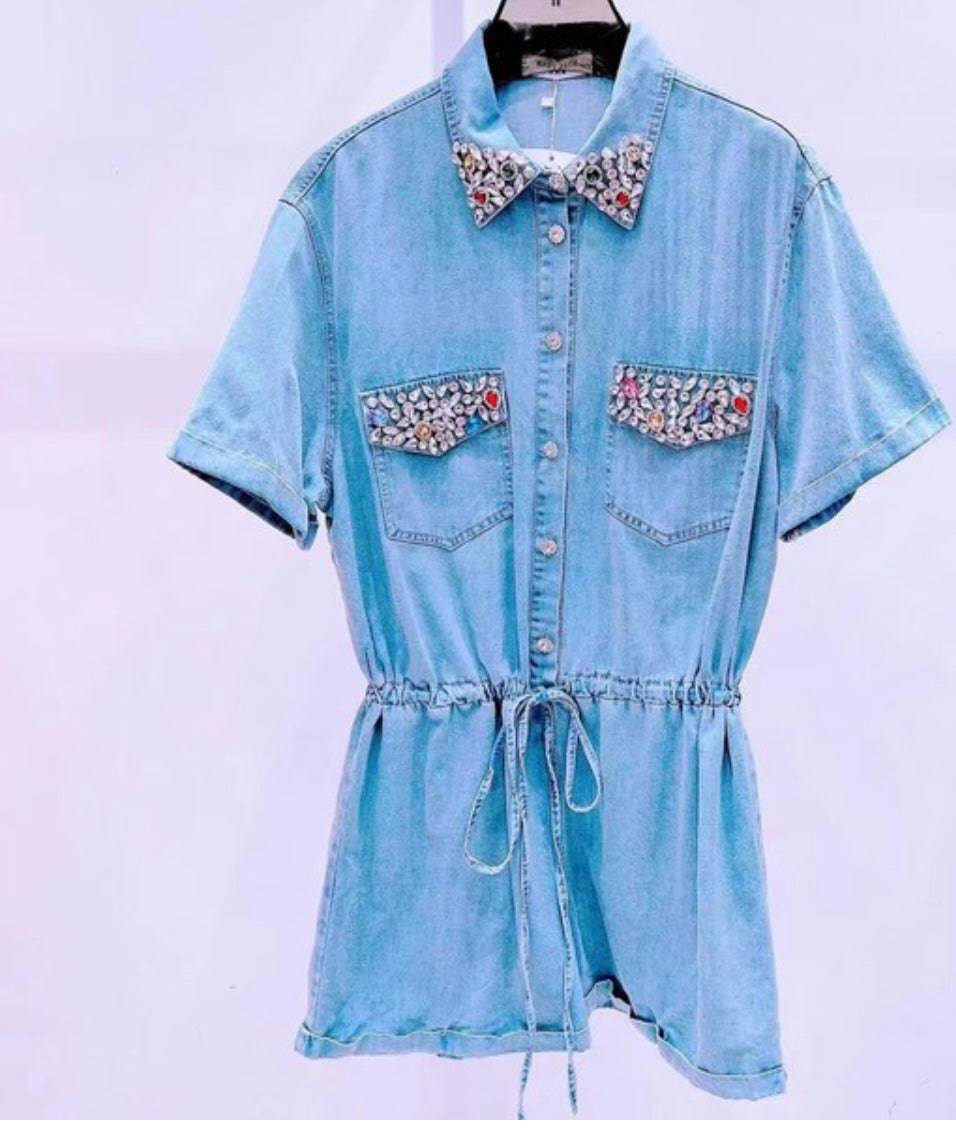 Rhinestone Faux-Denim Romper: Sparkle and Shine Day or Night!✨ - Bella Boutique & Bellasbylola.com