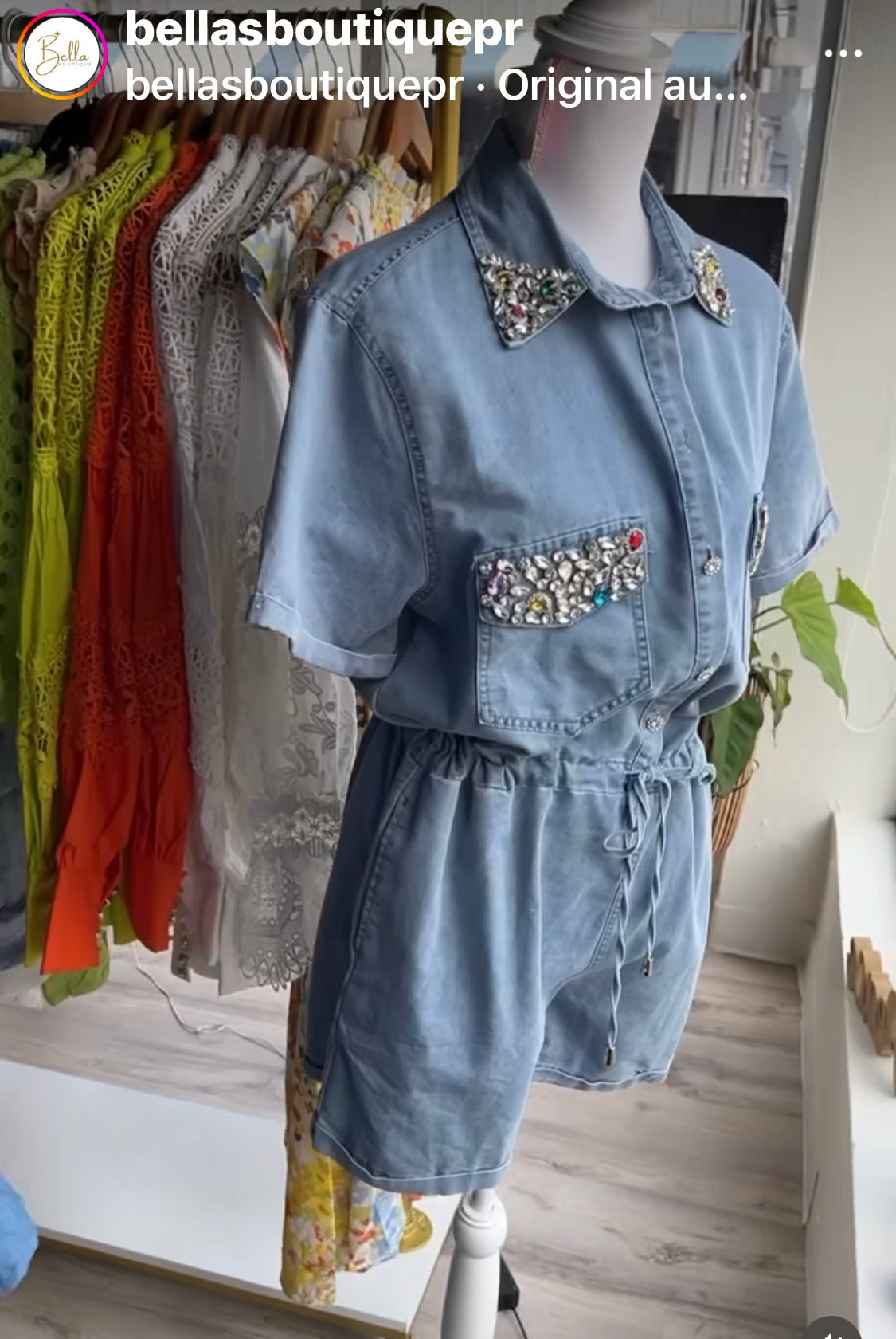 Rhinestone Faux-Denim Romper: Sparkle and Shine Day or Night!β¨ - Bella Boutique & Bellasbylola.com