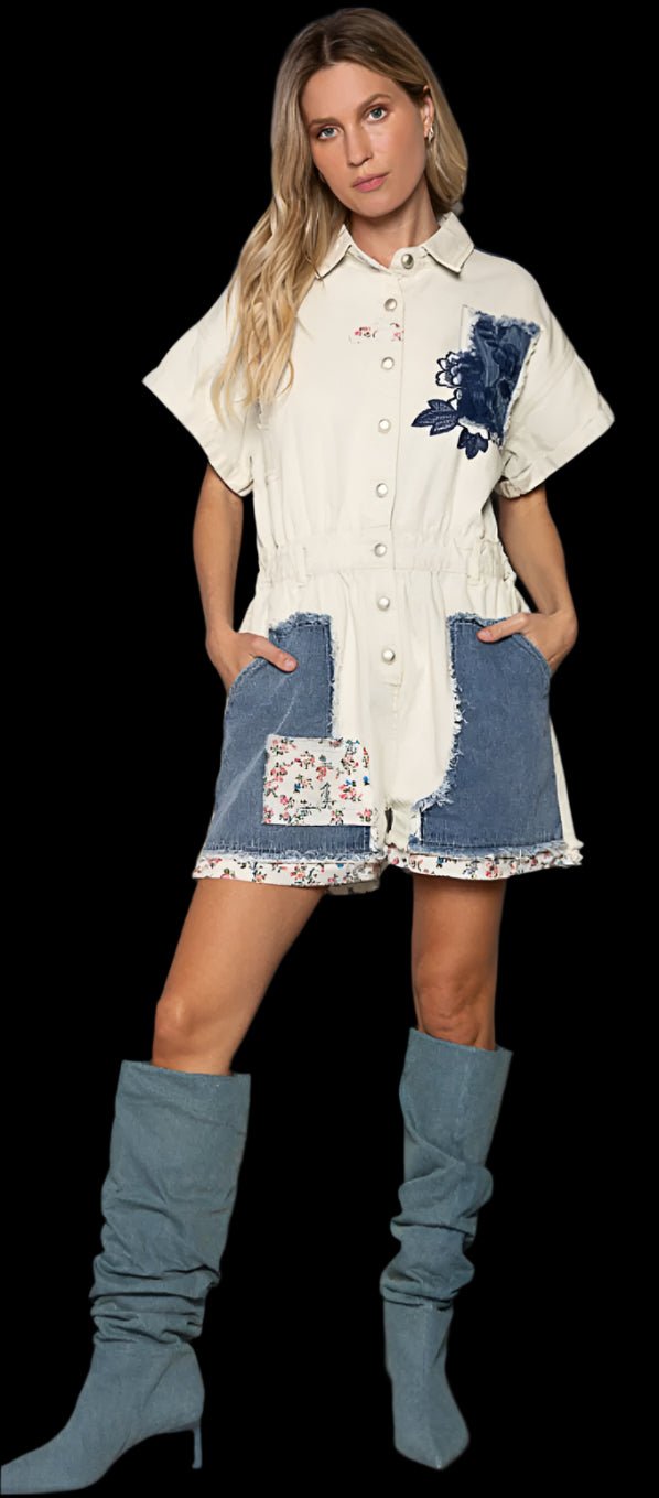 White Denim Romper - Premium Embroidered Style - Bella Boutique & Bellasbylola.com