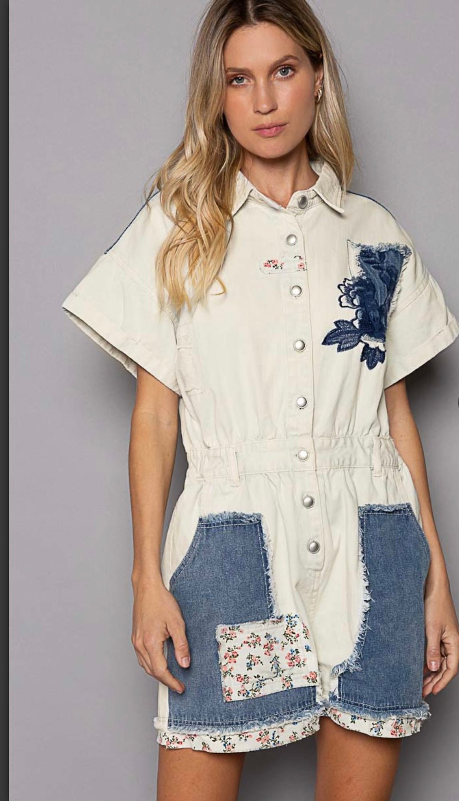 White Denim Romper - Premium Embroidered Style - Bella Boutique & Bellasbylola.com