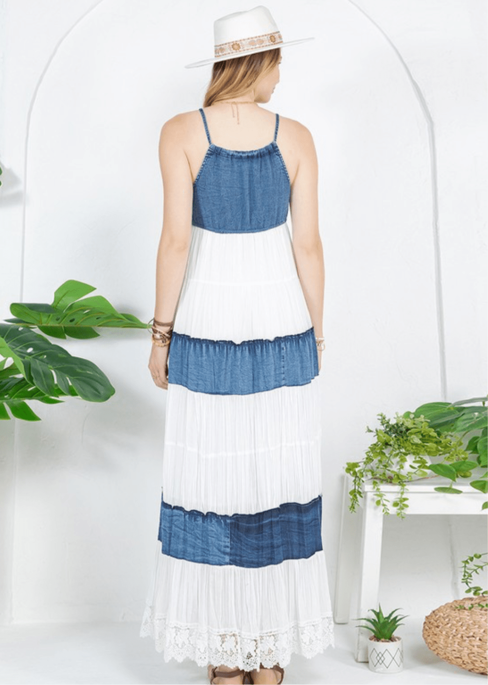 Embroidered White Halter Neck Denim Boho Maxi Dress - In Store & Online💫 - Tax Included - Bella Boutique & Bellasbylola.com