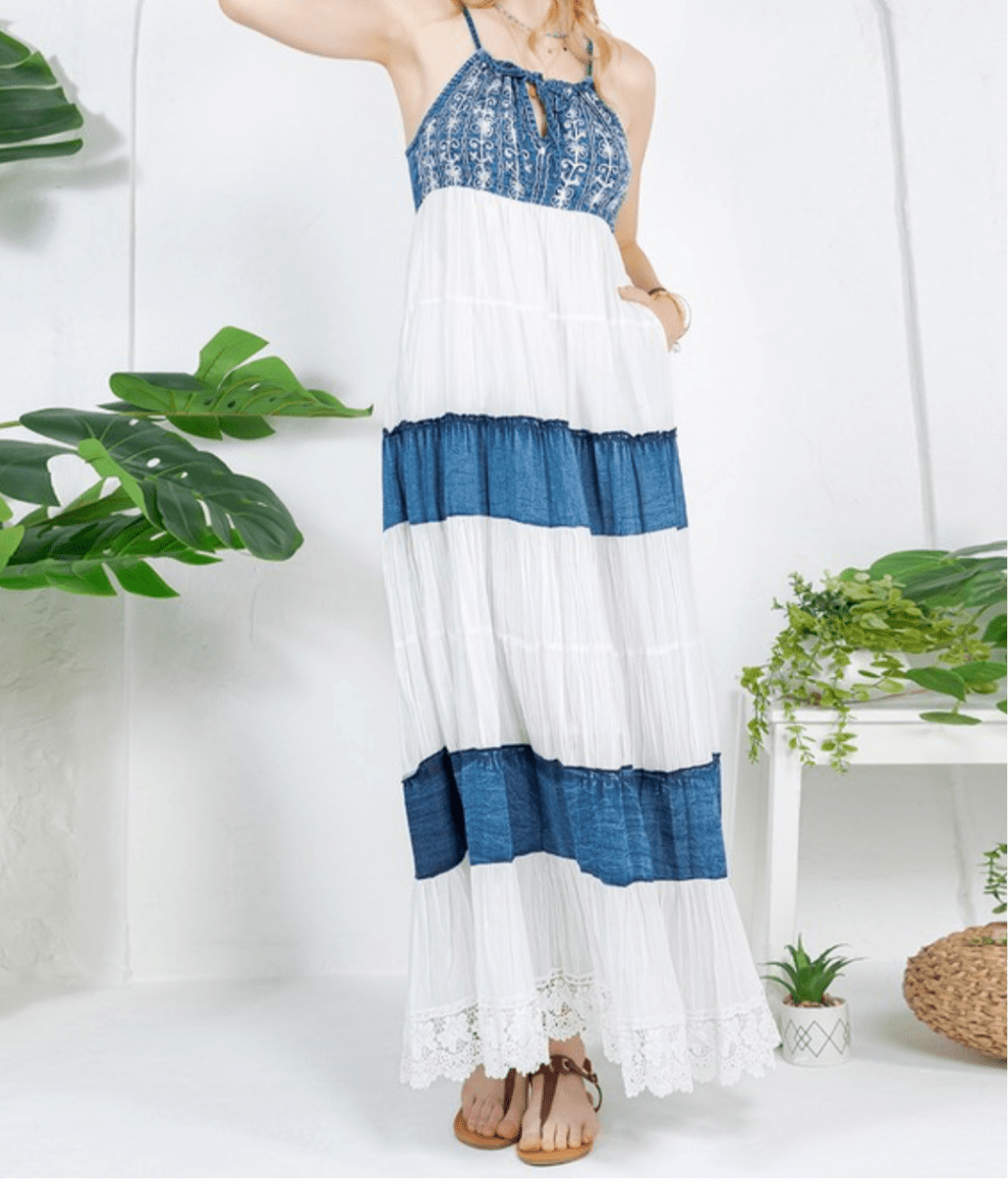 Embroidered White Halter Neck Denim Boho Maxi Dress - In Store & Online💫 - Tax Included - Bella Boutique & Bellasbylola.com