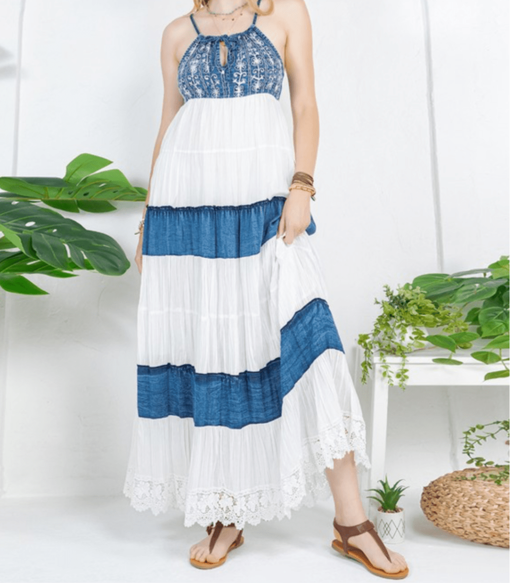 Embroidered White Halter Neck Denim Boho Maxi Dress - In Store & Online💫 - Tax Included - Bella Boutique & Bellasbylola.com