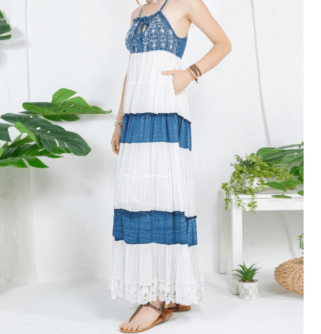 Embroidered White Halter Neck Denim Boho Maxi Dress - In Store & Online💫 - Tax Included - Bella Boutique & Bellasbylola.com