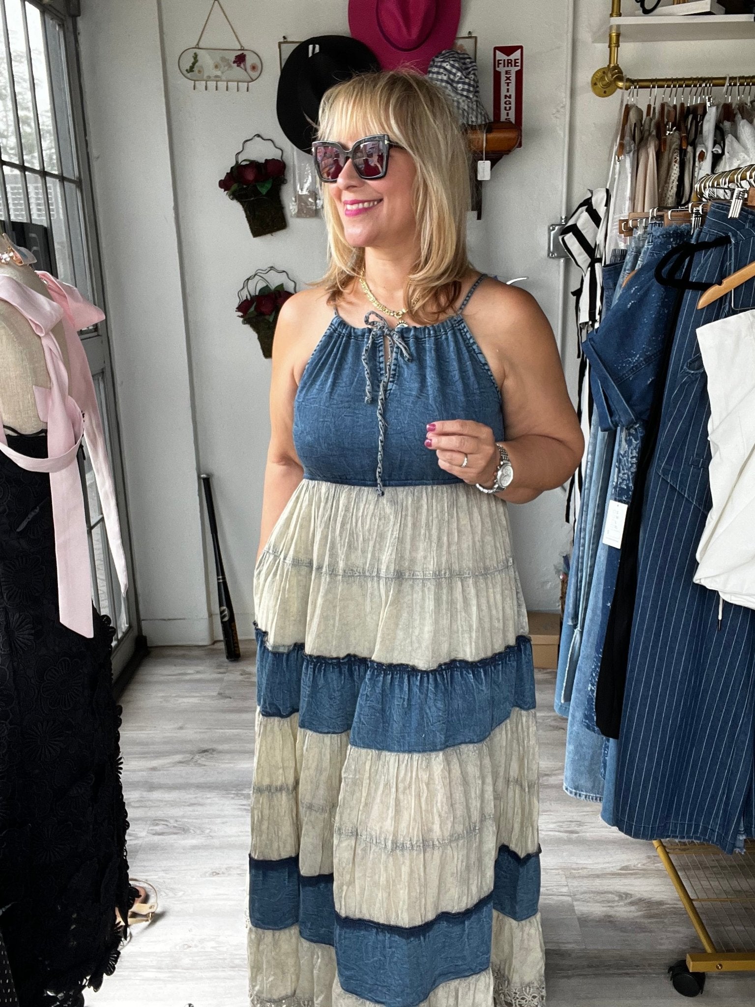 Halter Neck Denim Boho Maxi Dress