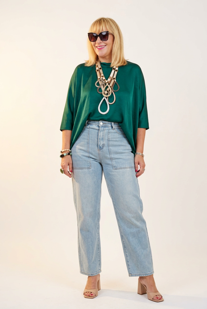 Emerald Green Satin Tunic 3/4 Sleeve Blouse - True to size