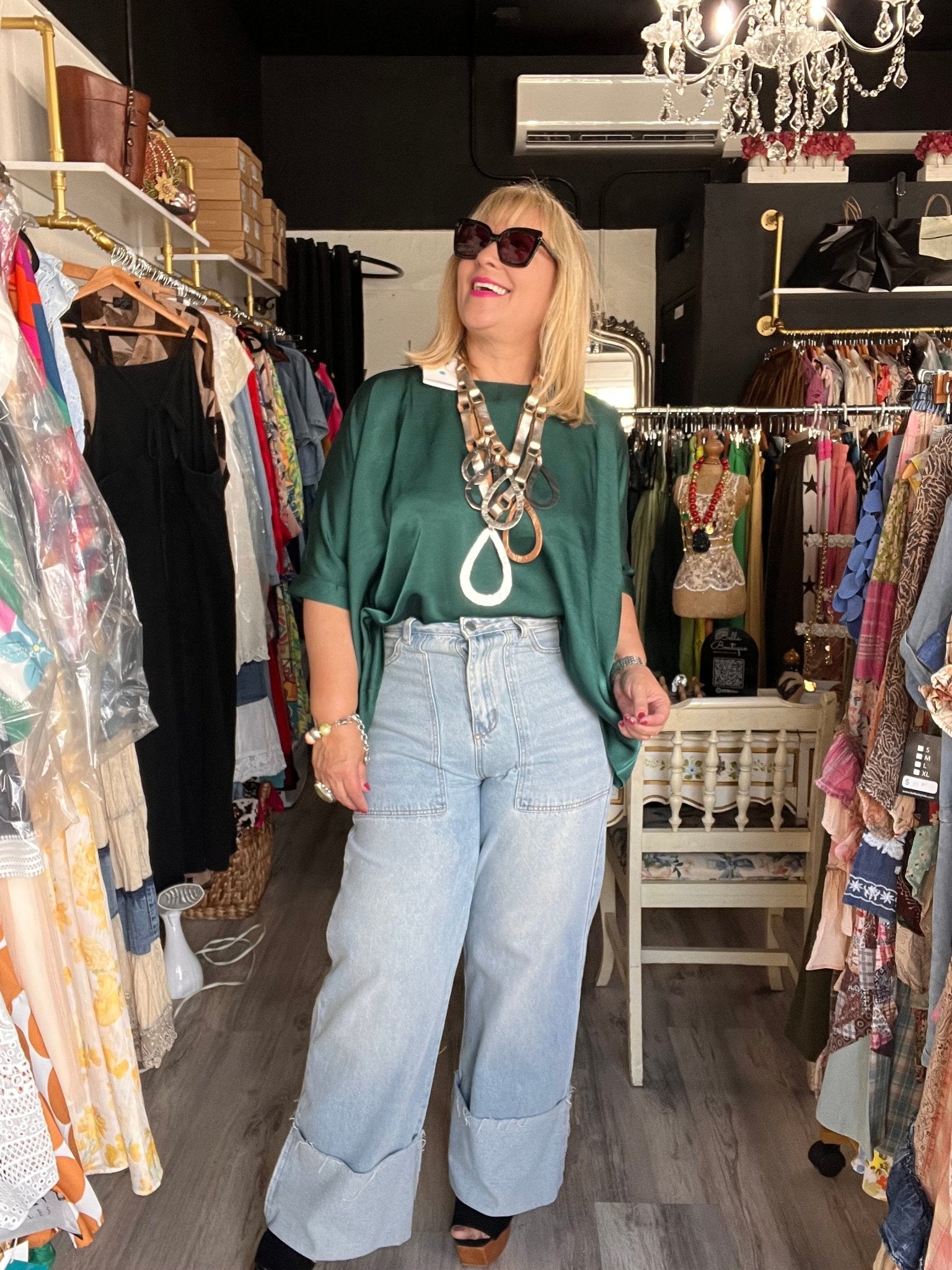 Emerald Green Satin Tunic 3/4 Sleeve Blouse - Bella Boutique & Bellasbylola.com