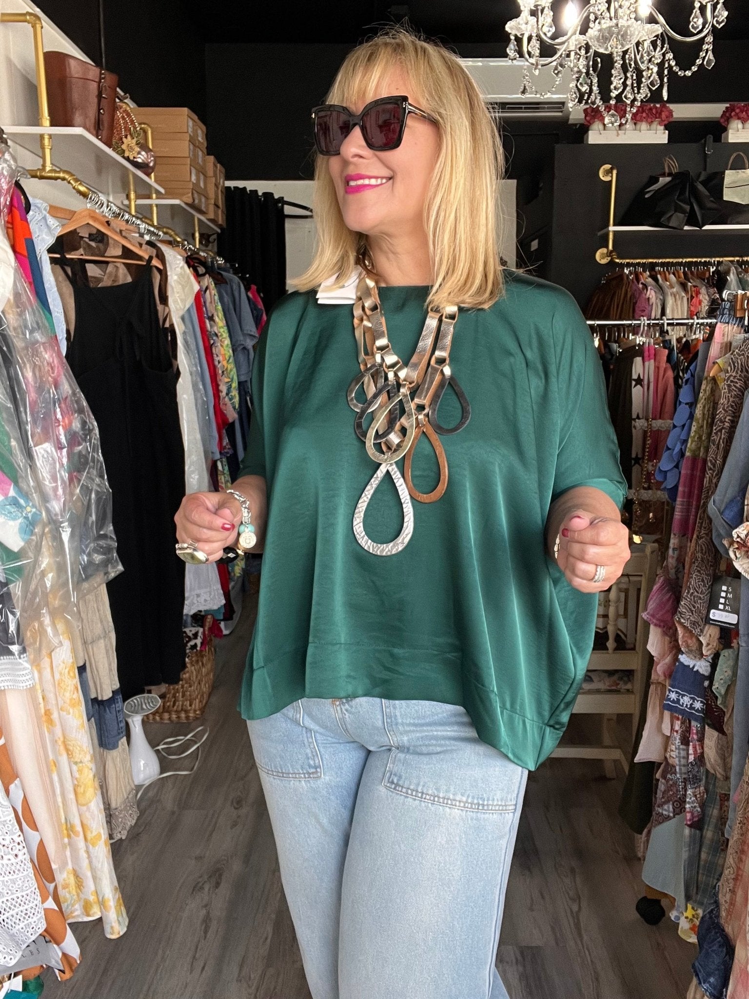 Emerald Green Satin Tunic 3/4 Sleeve Blouse - Bella Boutique & Bellasbylola.com