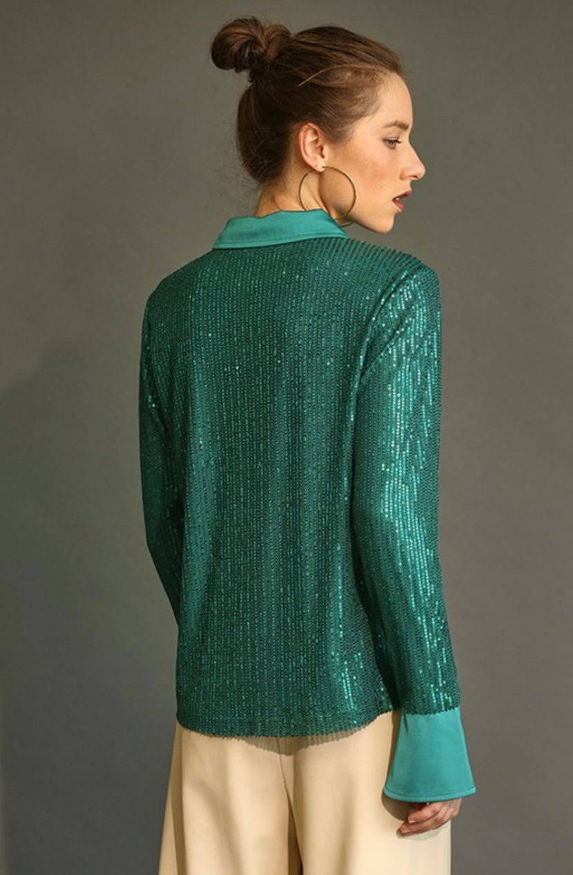 Sequin Satin Button Down Shirt - True to Size, Full Lining, Comfortable Fit - Bella Boutique & Bellasbylola.com