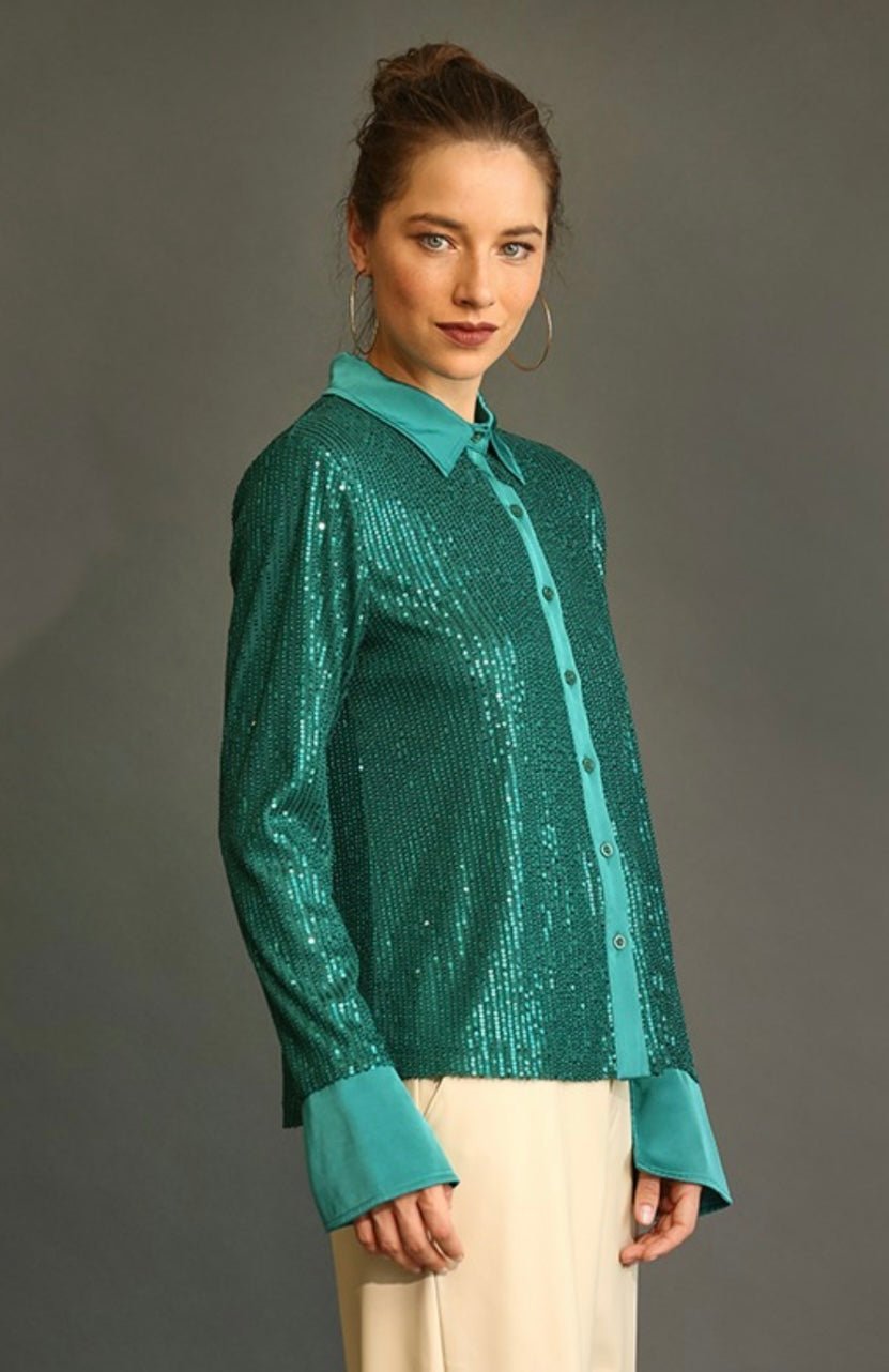 Sequin Satin Button Down Shirt - True to Size, Full Lining, Comfortable Fit - Bella Boutique & Bellasbylola.com