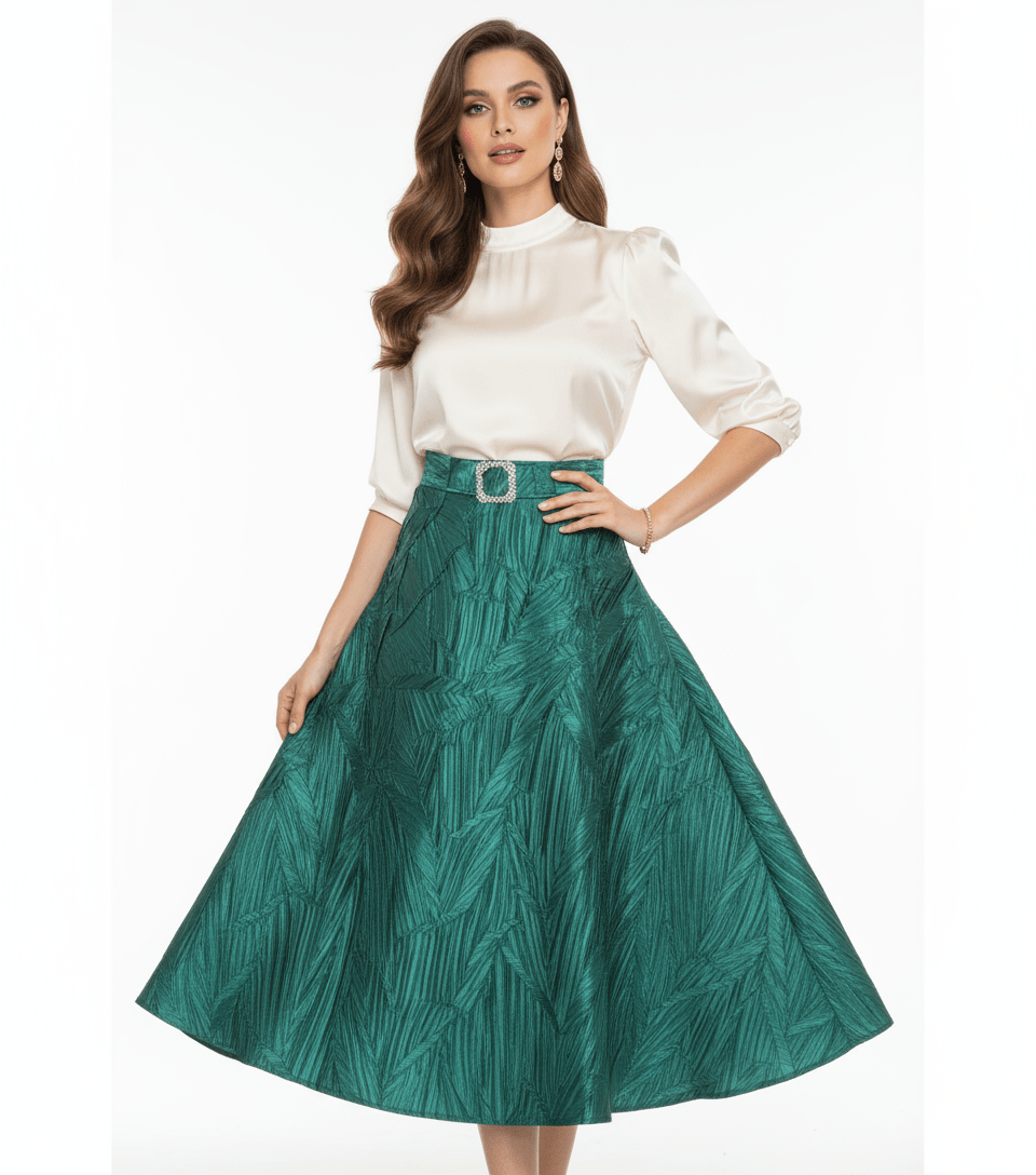 Emerald Taffeta Midi Skirt with Waist Embellishment - Premium Collection - Bella Boutique & Bellasbylola.com