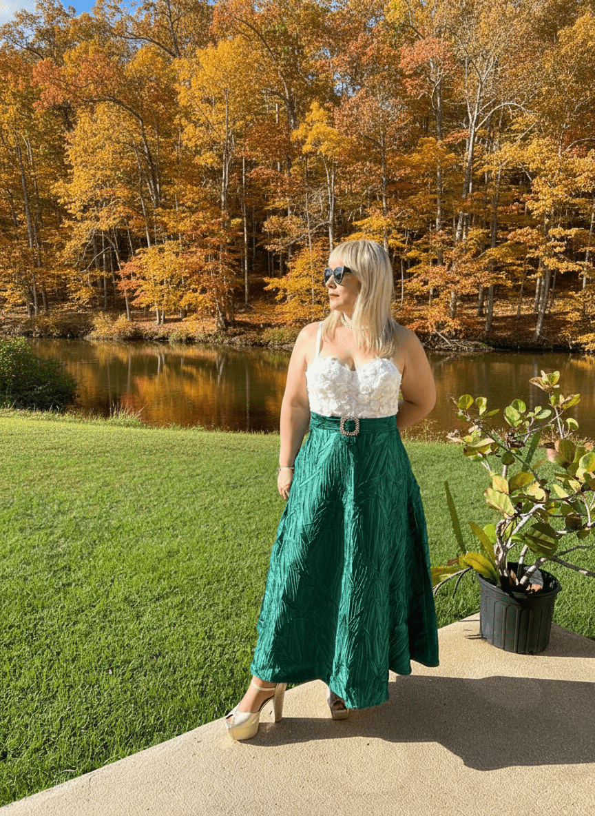 Emerald Taffeta Midi Skirt with Waist Embellishment - Premium Collection - Bella Boutique & Bellasbylola.com