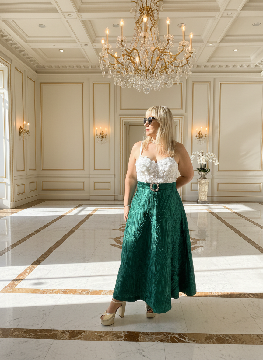 Emerald Taffeta Midi Skirt with Waist Embellishment - Premium Collection