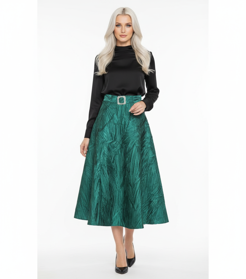 Emerald Taffeta Midi Skirt with Waist Embellishment - Premium Collection - Bella Boutique & Bellasbylola.com