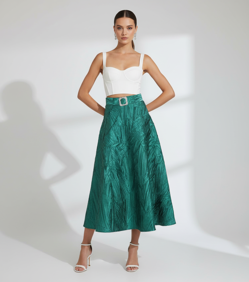Emerald Taffeta Midi Skirt with Waist Embellishment - Premium Collection