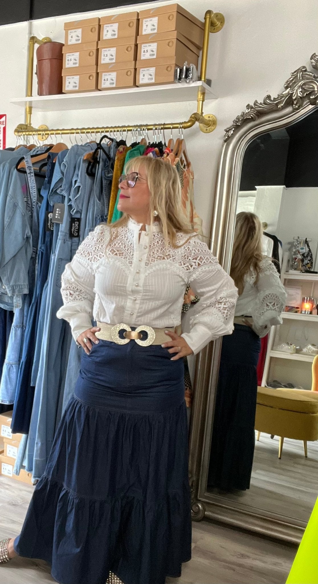 Luxurious White Lace Blouse: Elegant Long Sleeve Button-Down with Delicate Details - Bella Boutique & Bellasbylola.com