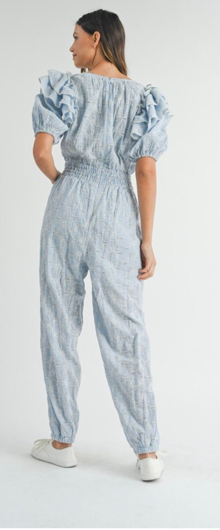 Eyelet Blue light jumpsuit - Tax Included - Bella Boutique & Bellasbylola.com