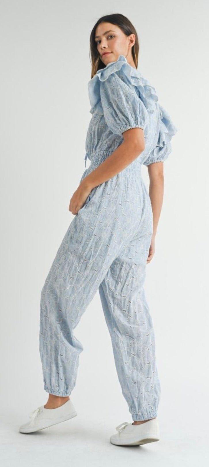 Eyelet Blue light jumpsuit - Tax Included - Bella Boutique & Bellasbylola.com