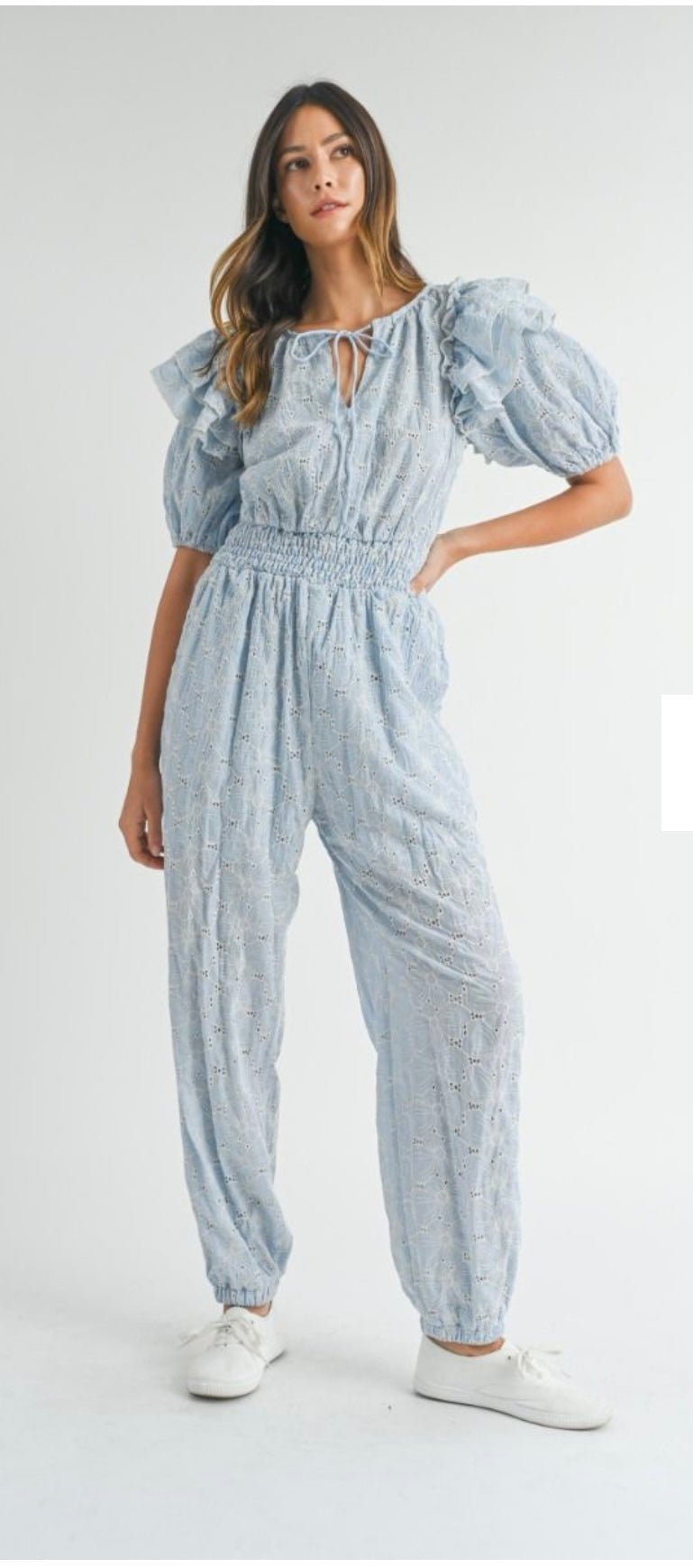 Eyelet Blue light jumpsuit - Tax Included - Bella Boutique & Bellasbylola.com