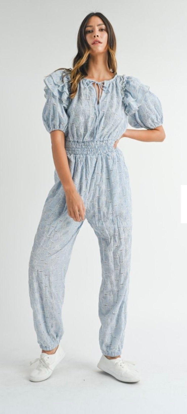 Eyelet Blue light jumpsuit - Tax Included - Bella Boutique & Bellasbylola.com
