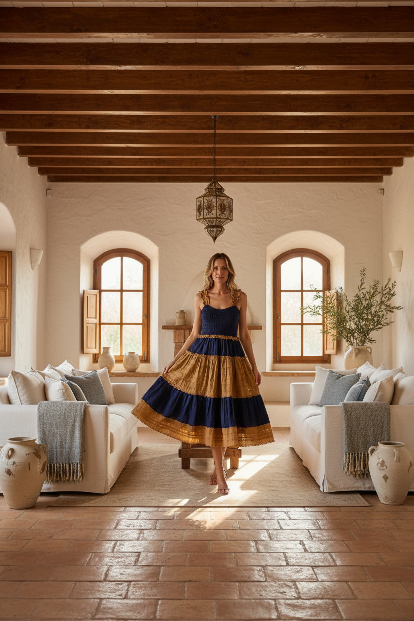 Eyelet Navy & Beige Maxi Dress