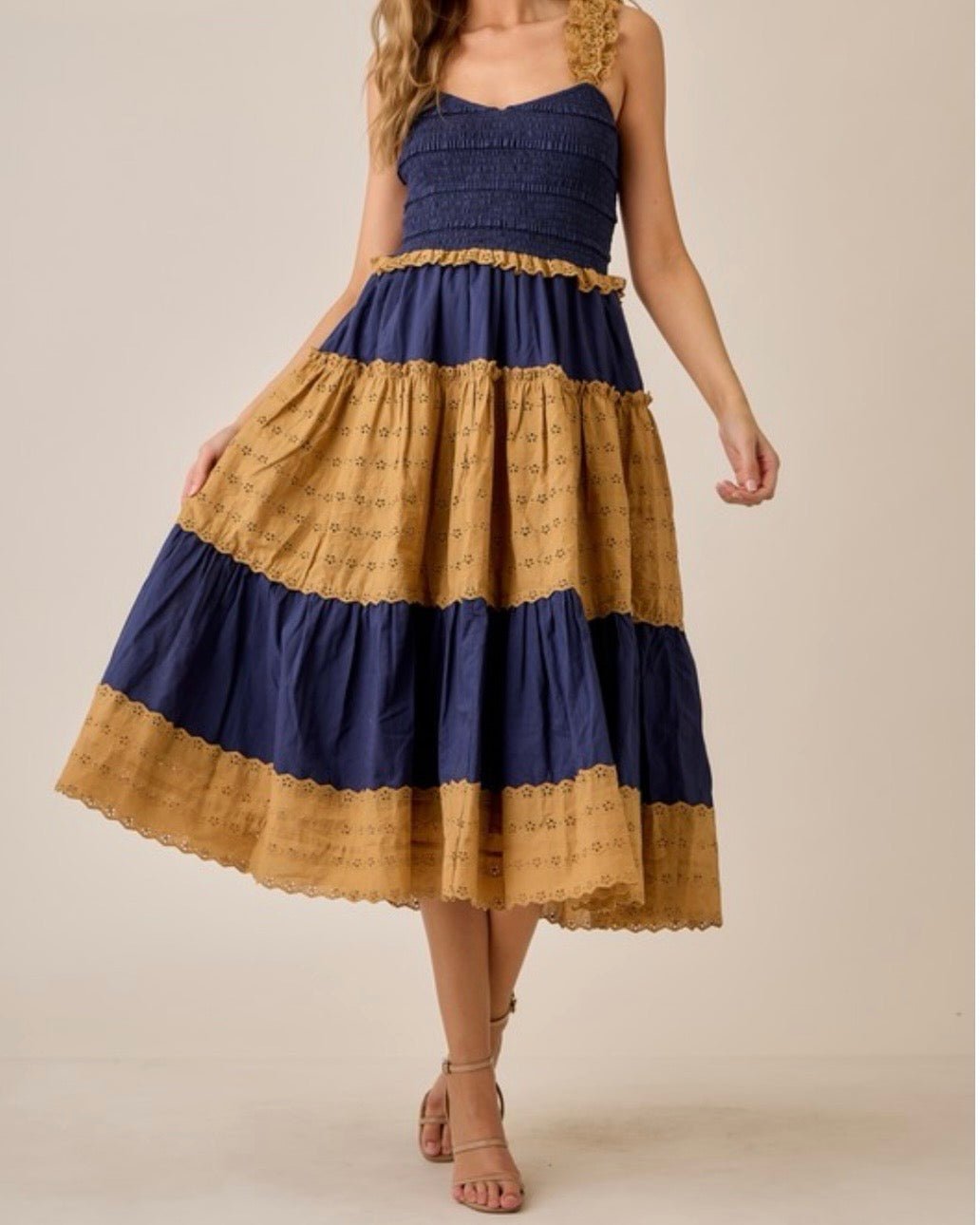 Eyelet Navy & Beige Maxi Dress - TAX INCLUDED - Bella Boutique & Bellasbylola.com