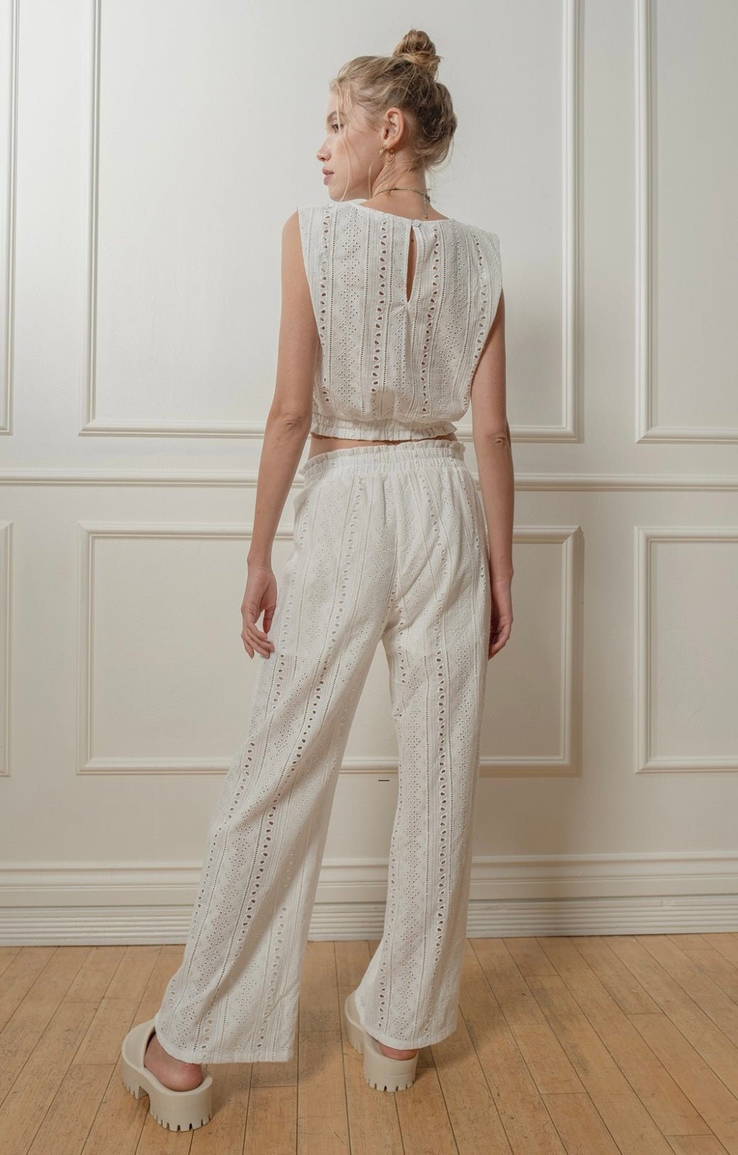 Eyelet White Top & Wide Leg Pants Set - Bella Boutique & Bellasbylola.com