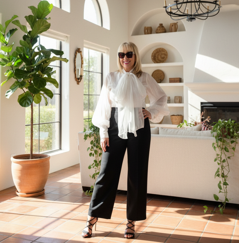 A woman stands in a bright, sunlit room with white walls, dark wood ceiling beams, terracotta tile floors, and potted plants. She is wearing a white blouse with a large ruffled bow at the collar, black wide-leg pants, and strappy high-heeled sandals.