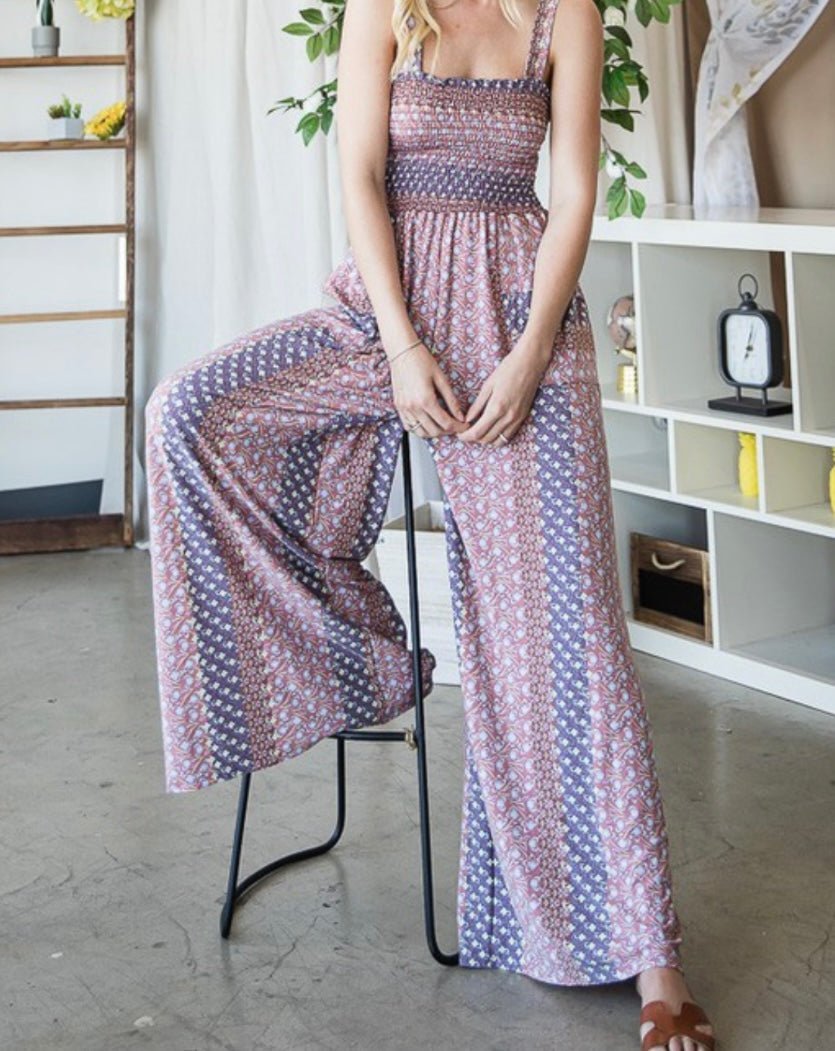 Floral Print Smocked Bodice Knit Jumpsuit with Wide Legs and Pockets - Bella Boutique & Bellasbylola.com