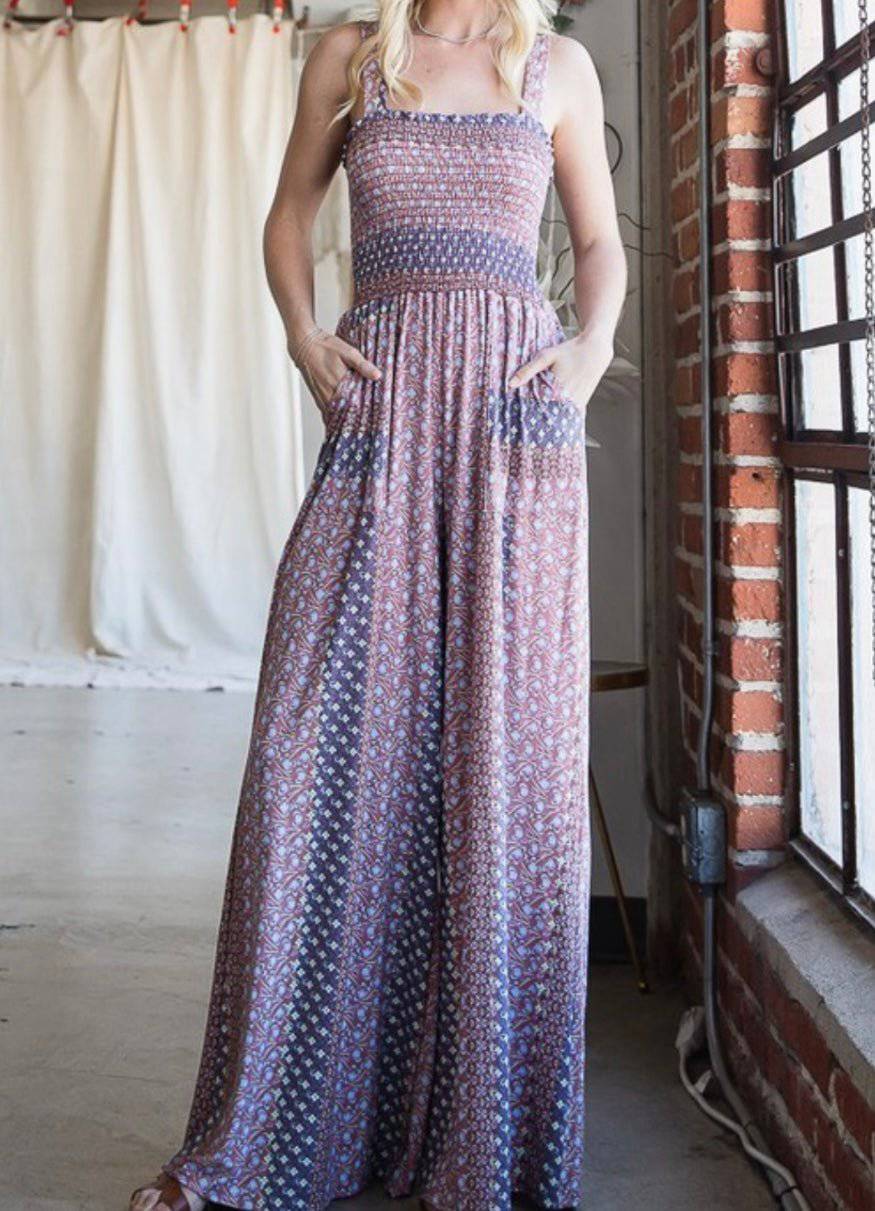 Floral Print Smocked Bodice Knit Jumpsuit with Wide Legs and Pockets - Bella Boutique & Bellasbylola.com