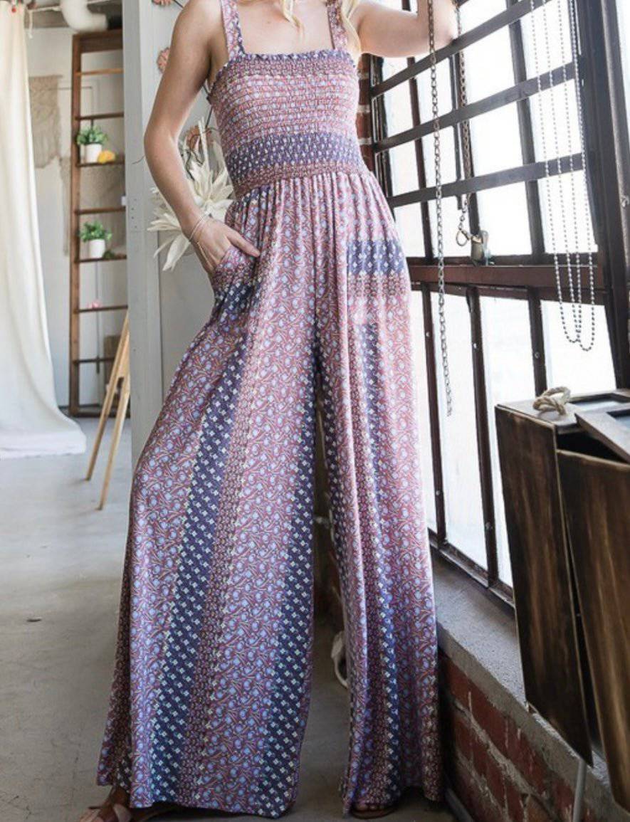 Floral Print Smocked Bodice Knit Jumpsuit with Wide Legs and Pockets - Bella Boutique & Bellasbylola.com