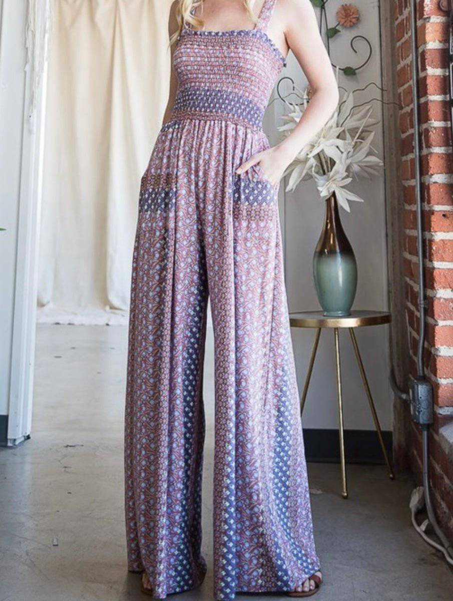 Floral Print Smocked Bodice Knit Jumpsuit with Wide Legs and Pockets - Bella Boutique & Bellasbylola.com