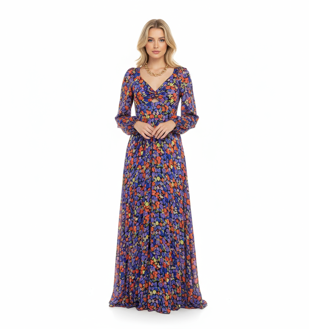 Flower Bomb Maxi Dress: Blooming Goddess, Eye-catching Floral Pattern, Open Front Twist Silhouette
