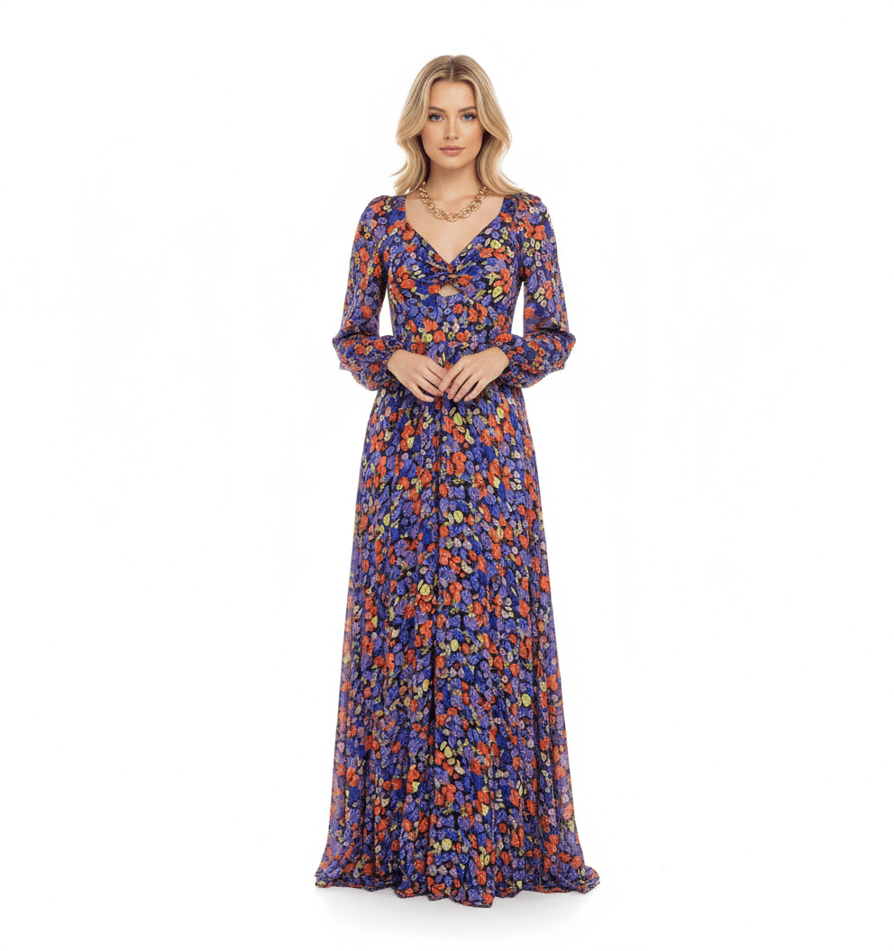Flower Bomb Maxi Dress: Blooming Goddess, Eye - catching Floral Pattern, Open Front Twist Silhouette - Bella Boutique & Bellasbylola.com