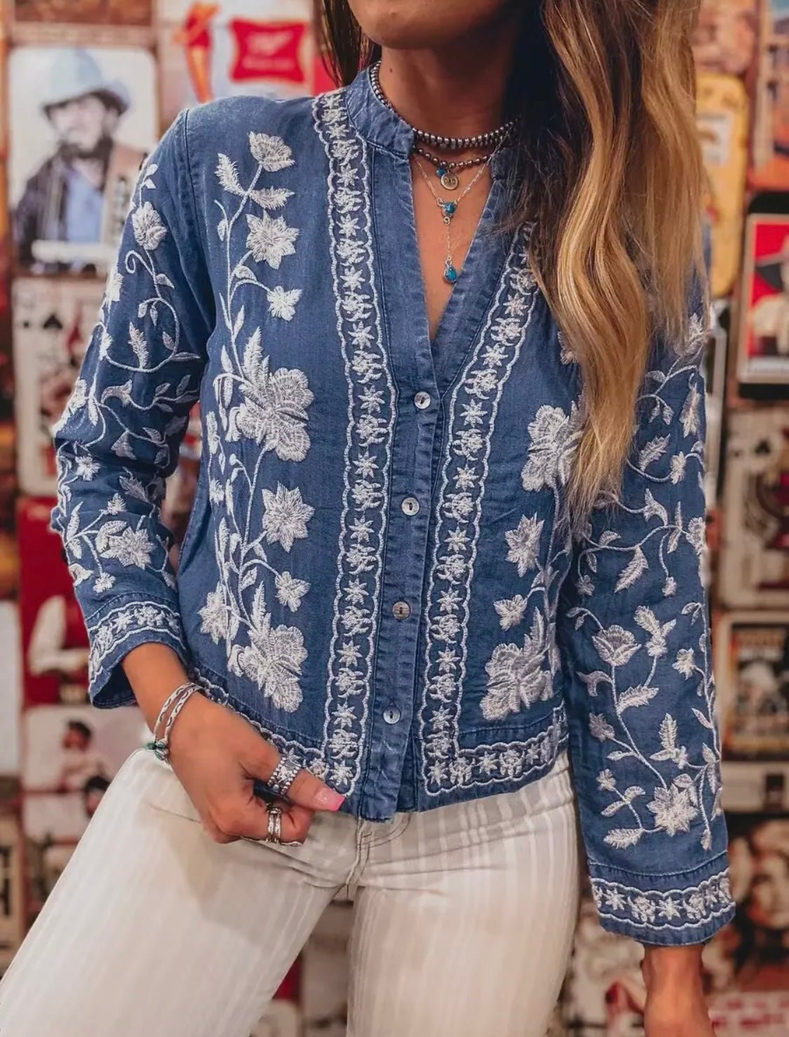 Embroidered Florals Denim Cardi - Bella Boutique & Bellasbylola.com
