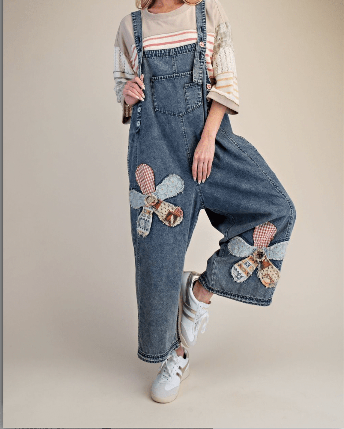 FLOWER PATCH WASHED DENIM OVERALLS - Bella & Bellasbylola.com