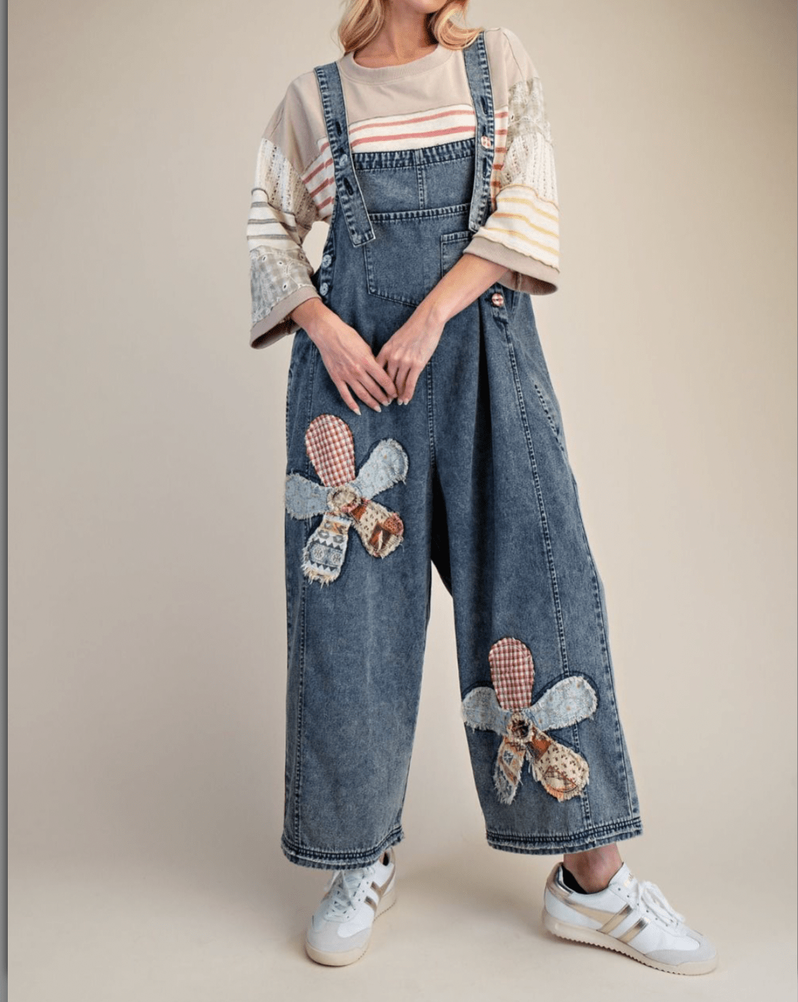 FLOWER PATCH WASHED DENIM OVERALLS - Bella & Bellasbylola.com