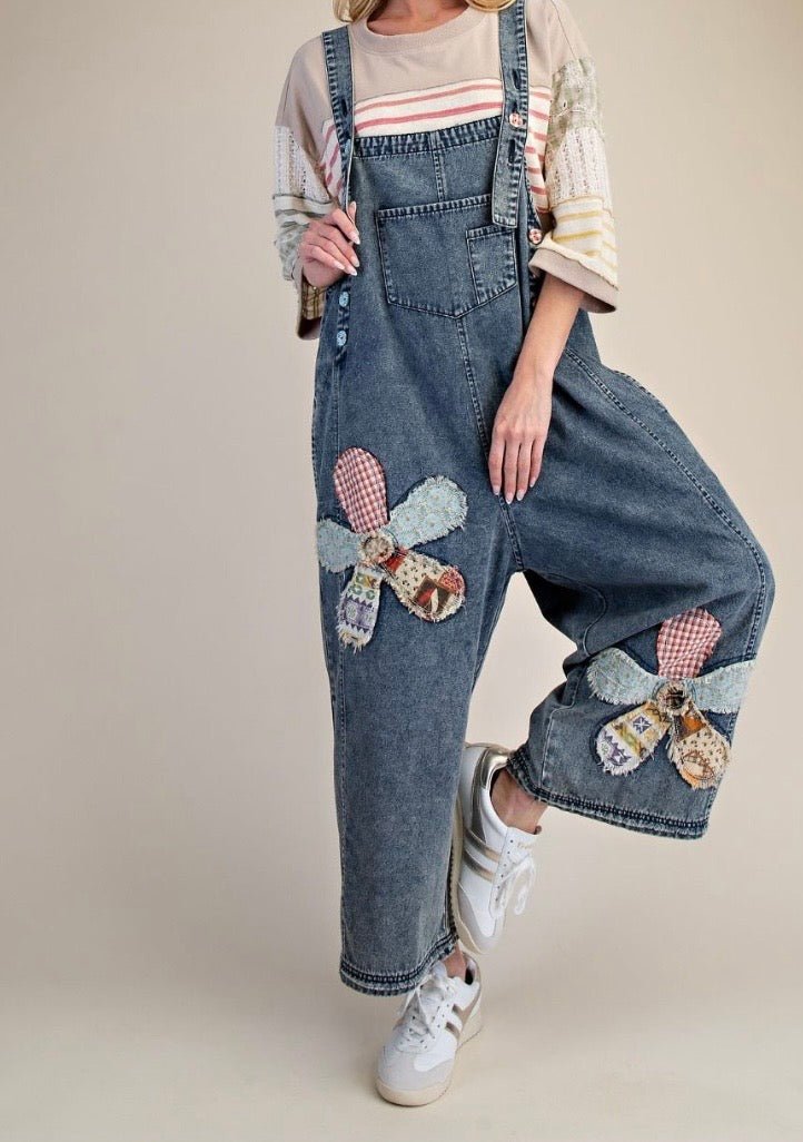 FLOWER PATCH WASHED DENIM OVERALLS - Bella & Bellasbylola.com
