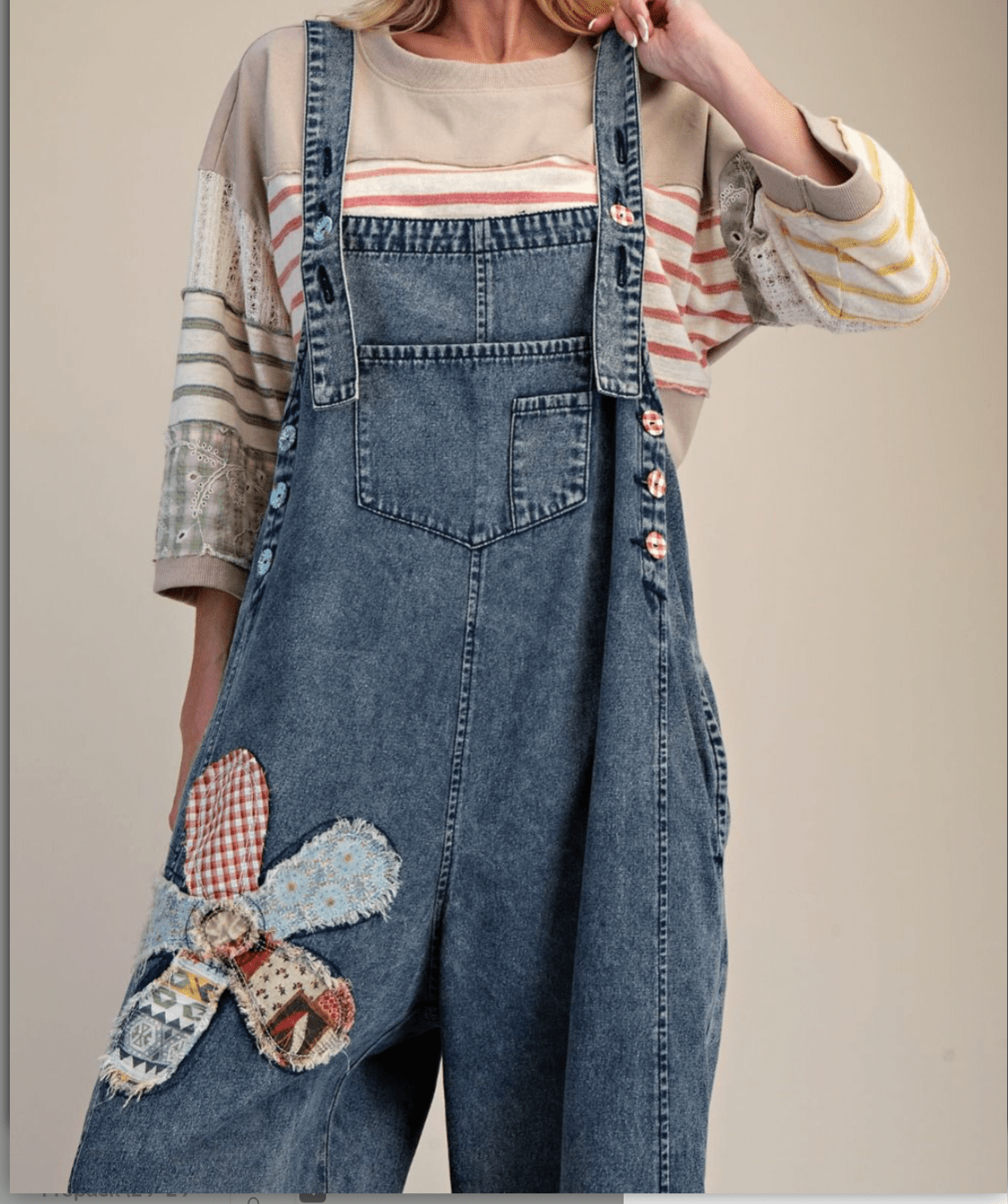FLOWER PATCH WASHED DENIM OVERALLS - Bella & Bellasbylola.com