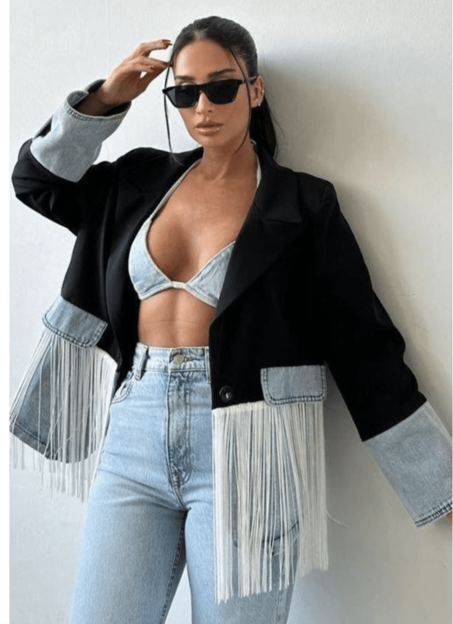 Fringe Black & Denim Contrast Blazer - Bella Boutique & Bellasbylola.com