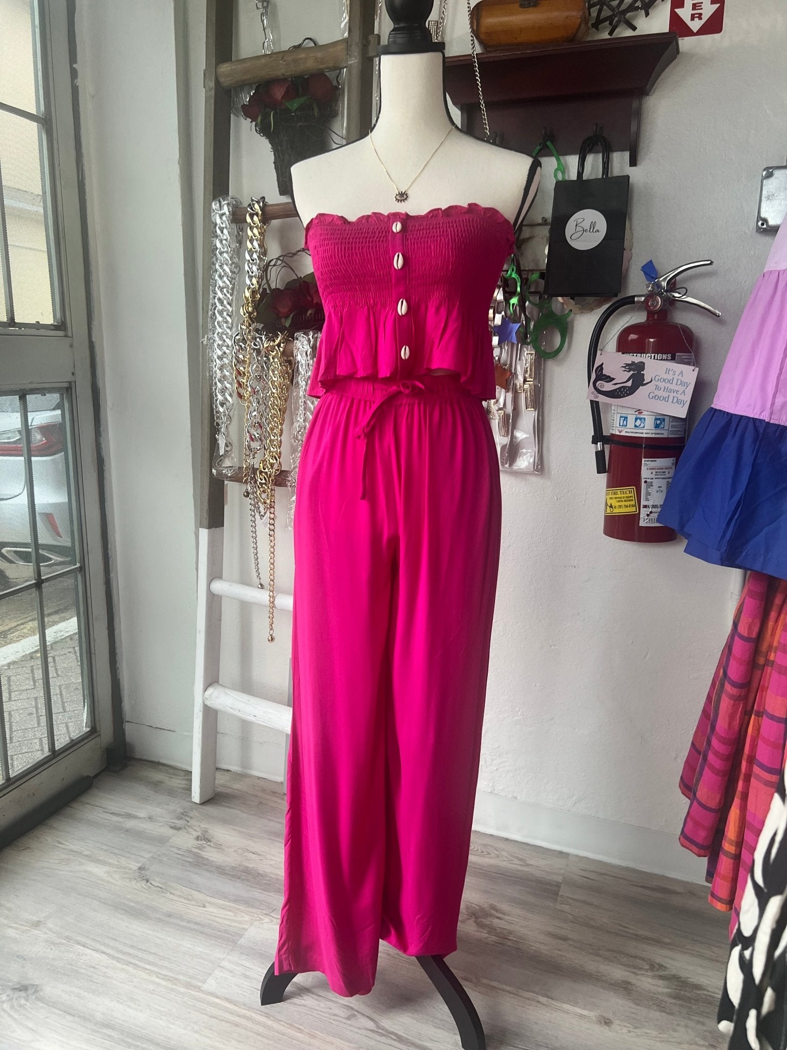 Seashell Button Detail Wide Leg Pants with Ruffle Hem - Bella Boutique & Bellasbylola.com