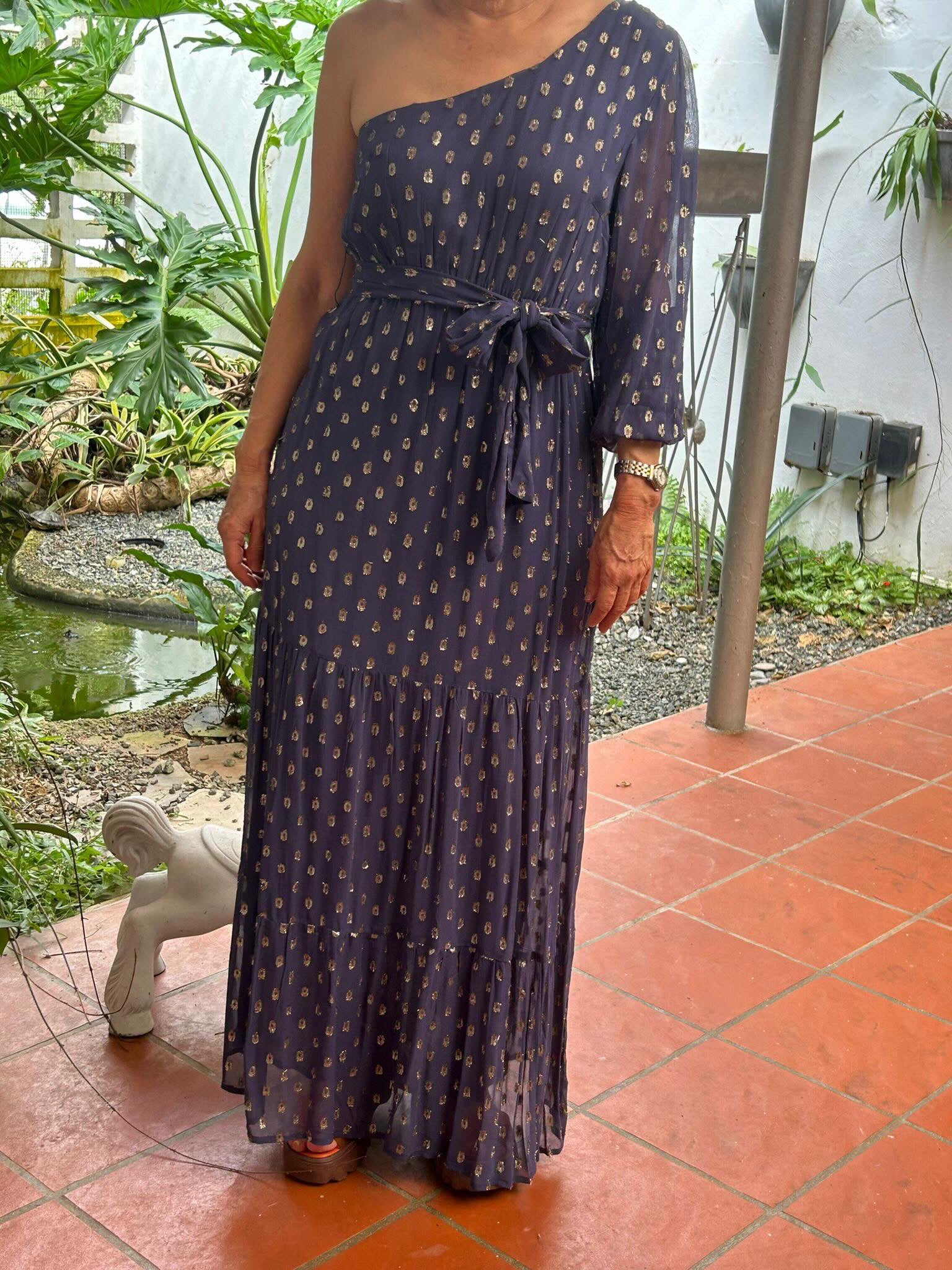 Navy Maxi Dress with Golden Dot Detailing, 100% Rayon, Made in India - Bella Boutique & Bellasbylola.com