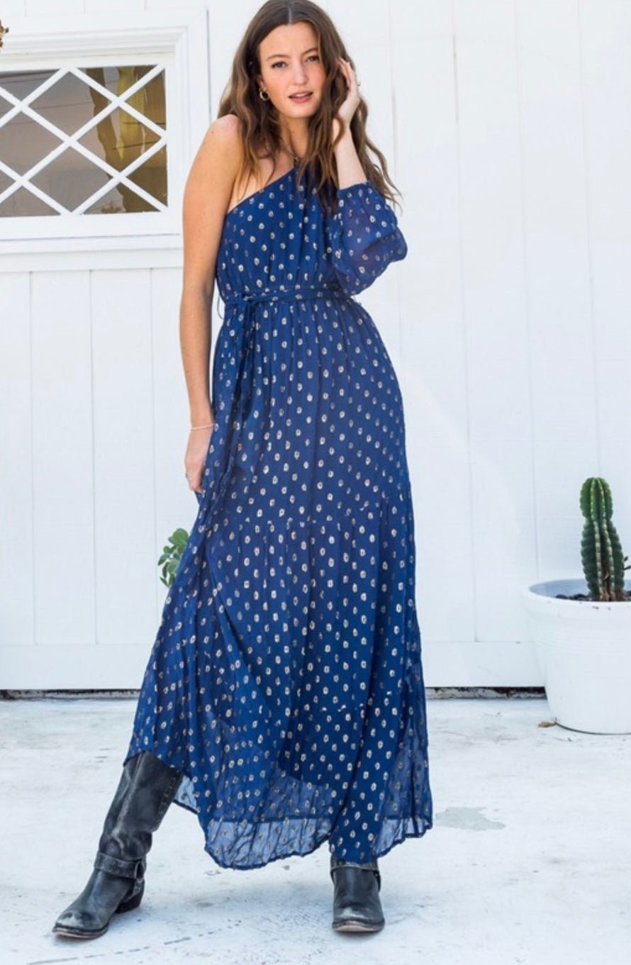 Navy Maxi Dress with Golden Dot Detailing, 100% Rayon, Made in India - Bella Boutique & Bellasbylola.com